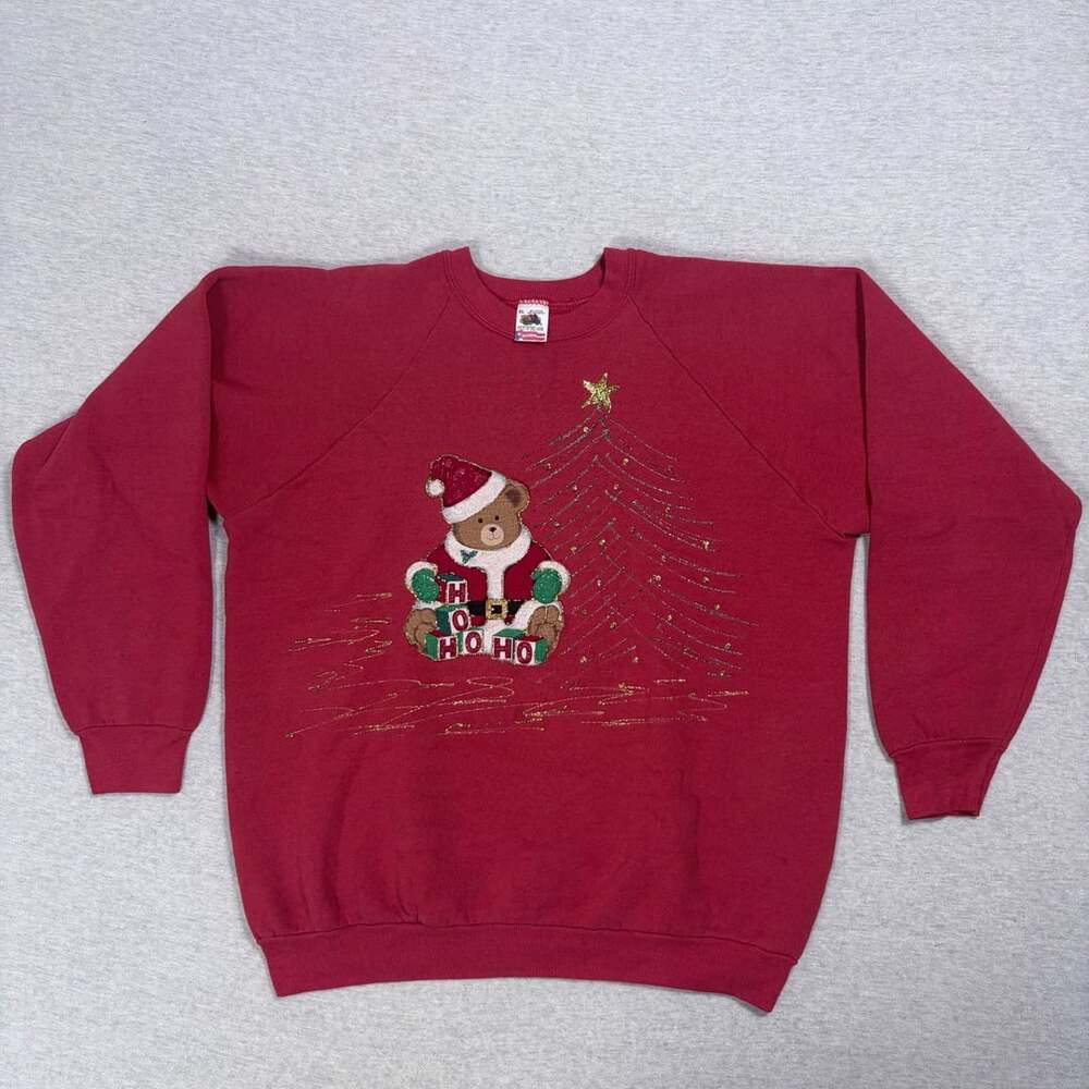 Vintage Fruit of the Loom Christmas Teddy Bear Ho Ho Ho Crewneck Sweatshirt XL